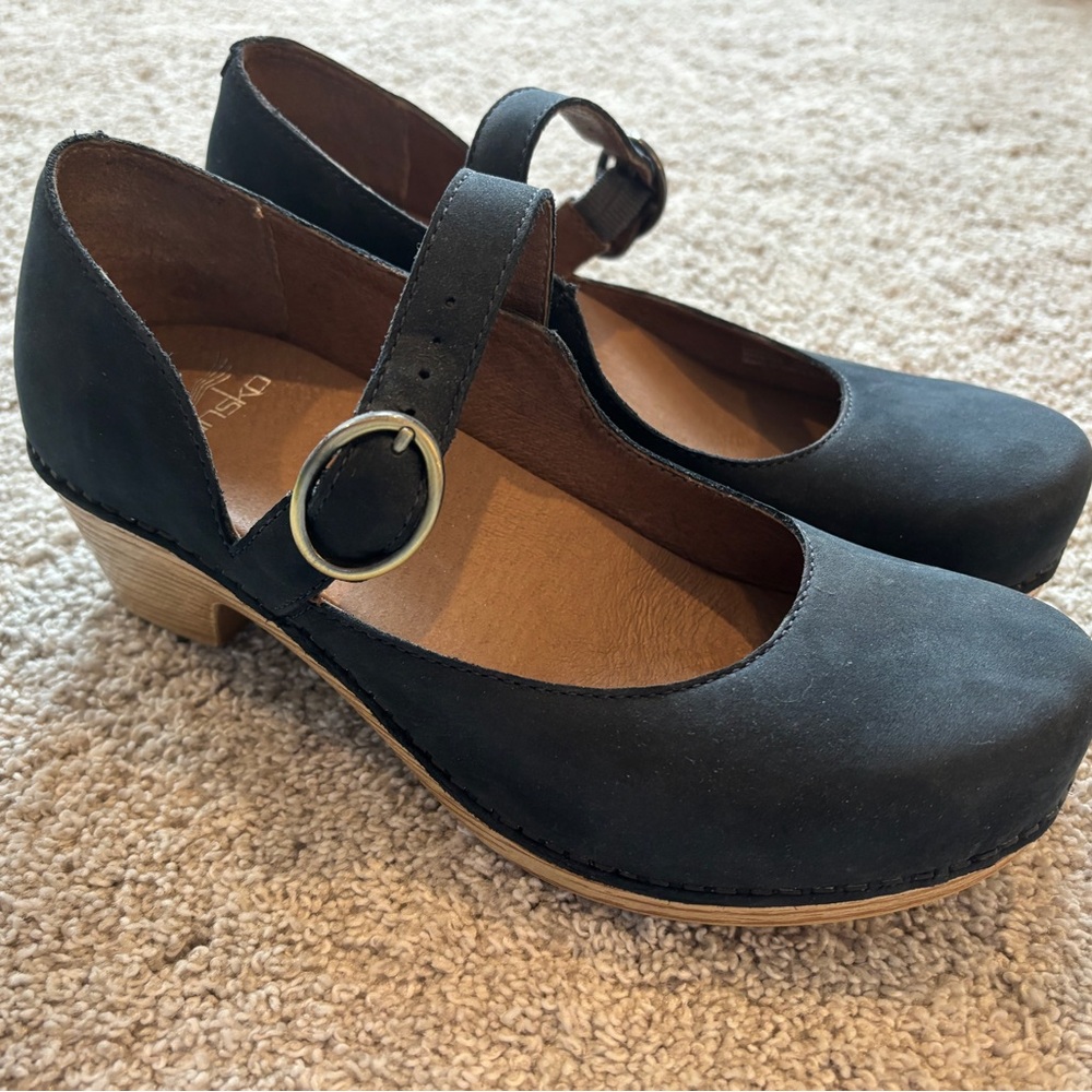 Dansko Navy Leather Mary Janes with Wooden Heel